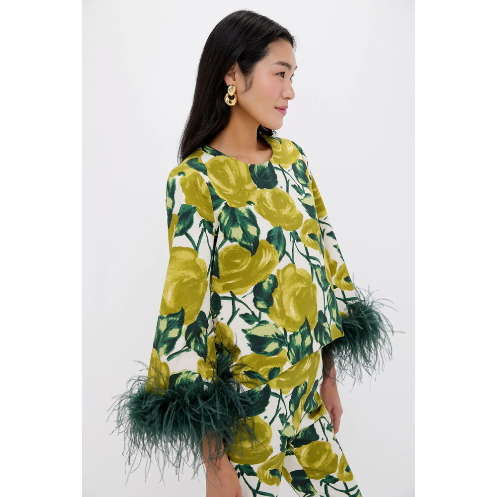 NWT Tuckernuck Giverny Gardens Maxine Top | Yellow Rose Print + Feather Cuffs - Picture 7 of 7